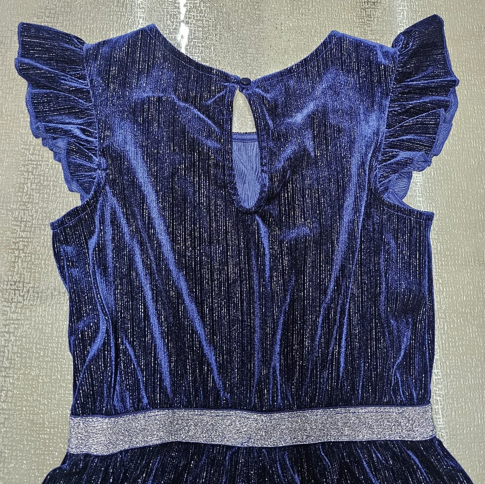 Zunie Girls Jumpsuit Blue Velvet Sparkle Ruffle Sleeve Holiday Party Outfit 10 - Picture 5 of 9